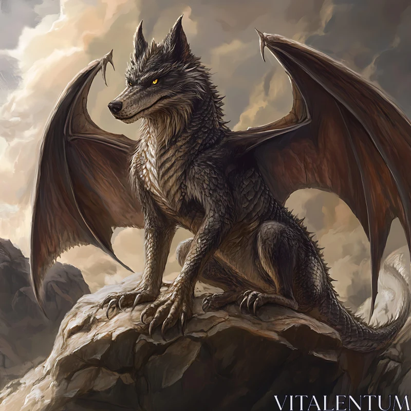 AI ART Mythical Winged Wolf Creature on Rock