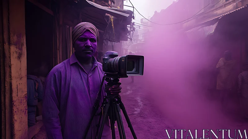 Man with Camera in Purple Smoke AI Image