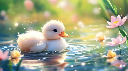 Adorable Duckling Amidst Blooming Flowers on a Pond