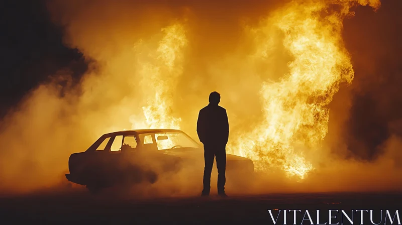 Man Standing Near a Car on Fire AI Image