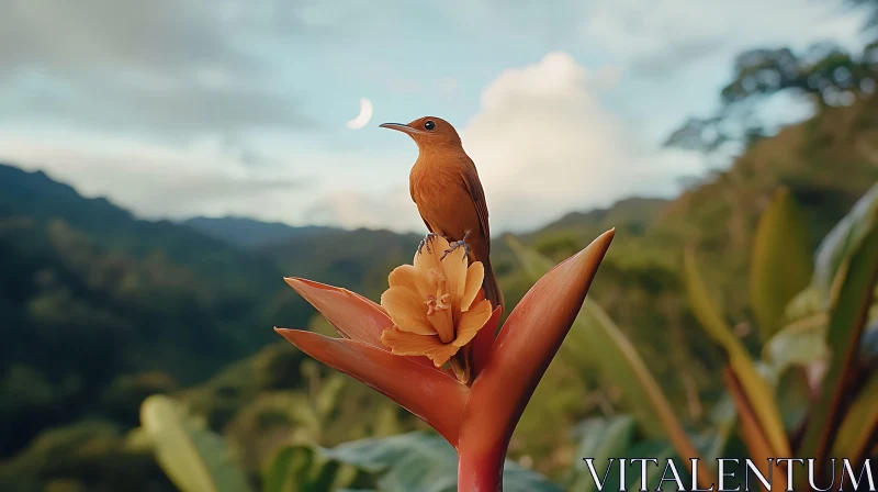 Resting Bird on Exotic Bloom AI Image