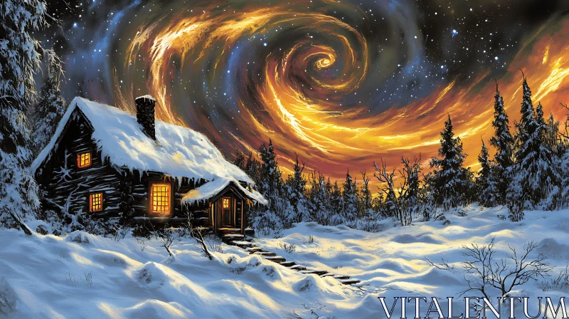 Snowy Cabin at Night AI Image