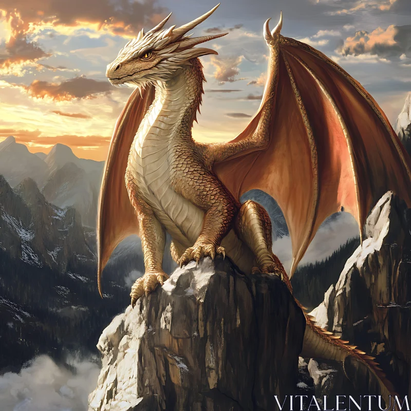 Fantasy Dragon on Mountain Illustration AI Image