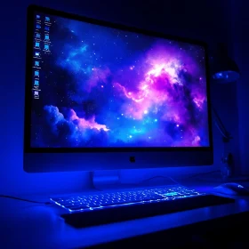 Galaxy-themed Computer Setup with Blue LED Lighting