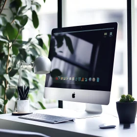 Sleek iMac on White Desk in Greenery-filled Office