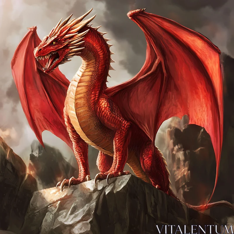 AI ART Crimson Dragon Perched on Rocky Peak