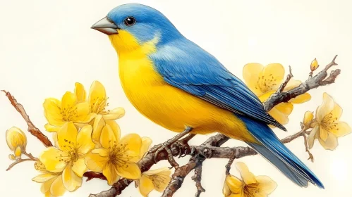 Colorful Bird with Yellow Flowers