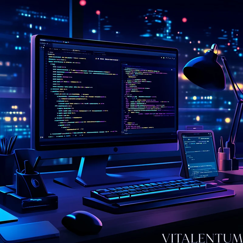 Programming Setup at Night with City Background AI Image