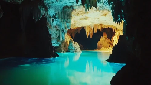 Illuminated Cave with Stalactites and Stalagmites