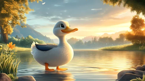 Peaceful Sunset Over a Lake with Duck