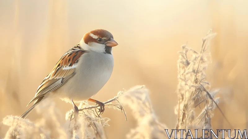 Sparrow on Frosty Branch AI Image