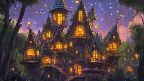 Whimsical Night Cottage with Starry Lights