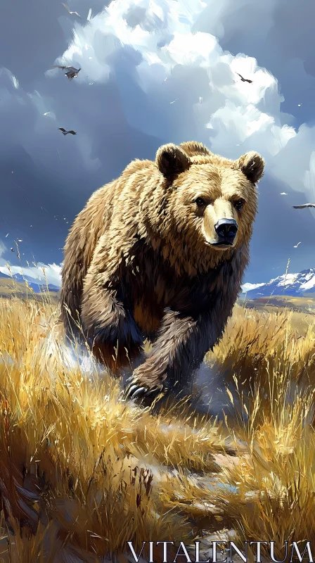 AI ART Bear Walking Through Grassland