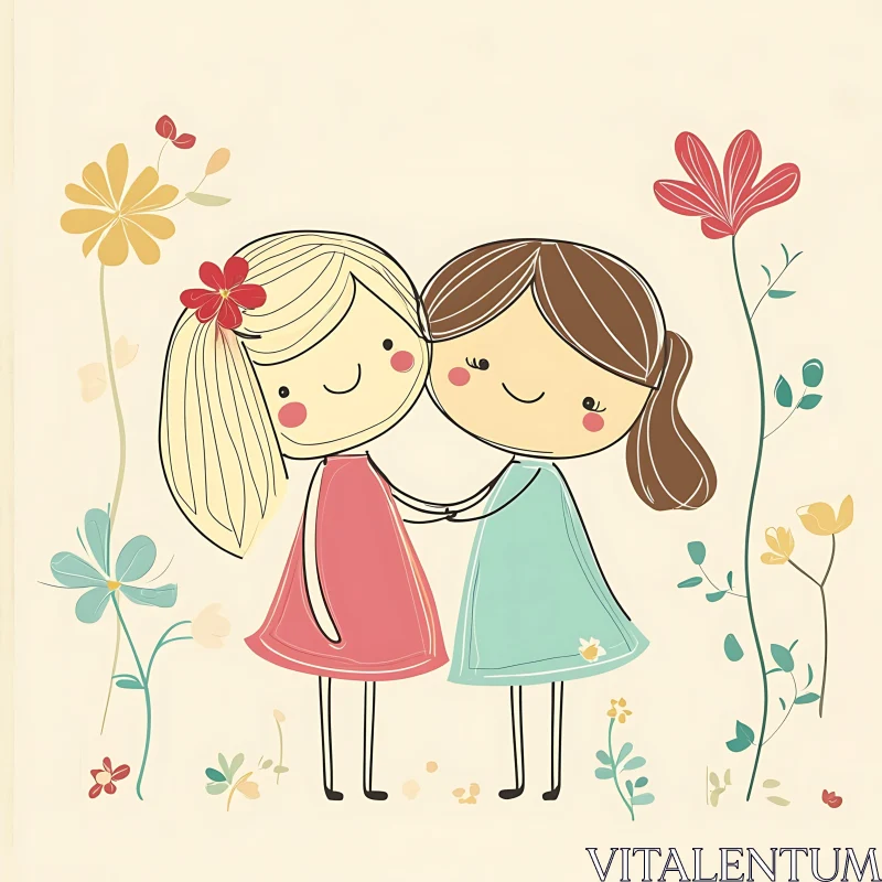 AI ART Charming Illustration of Two Girls with Flowers