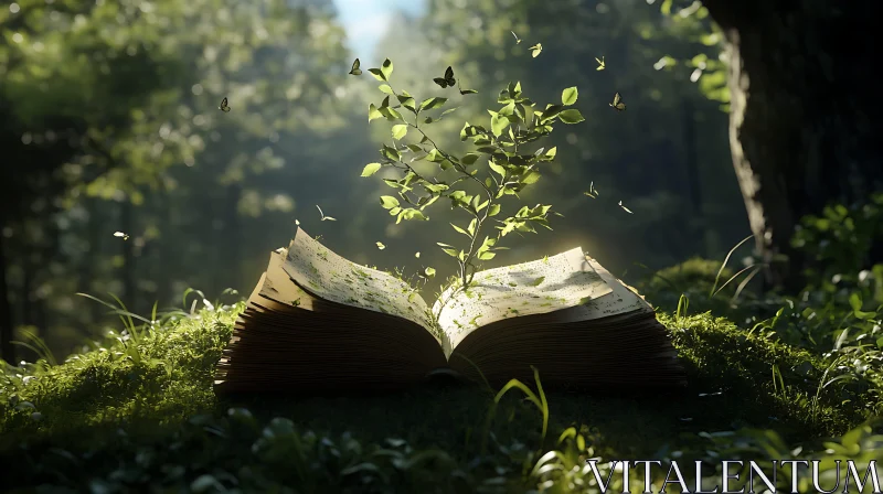 Mystical Book in Woodland Scene AI Image