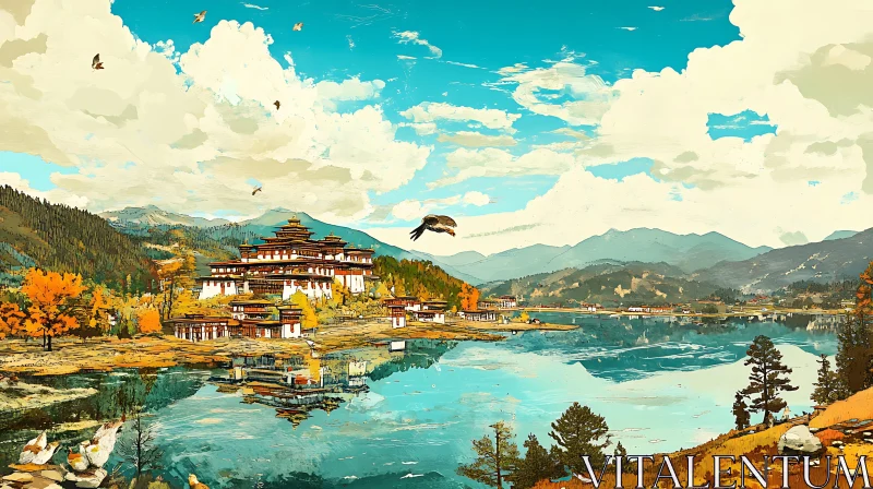 AI ART Serene Lake and Mountain View with Birds