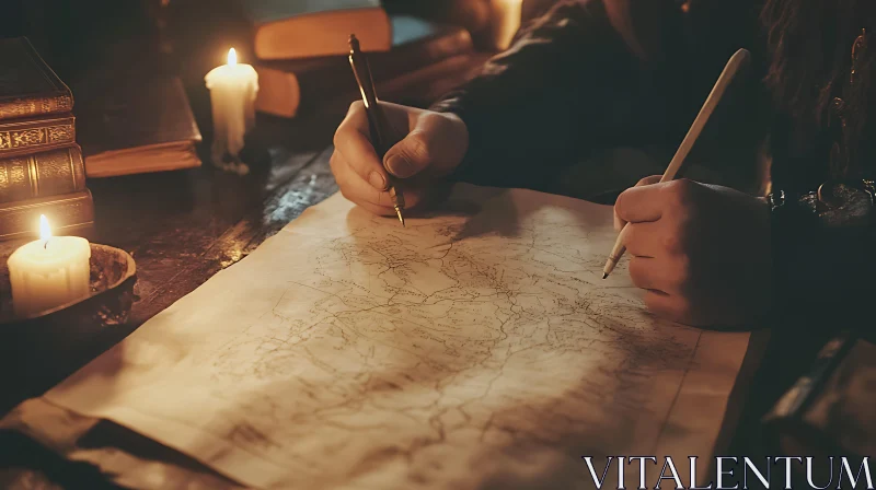 AI ART Antique Map and Candlelight Study