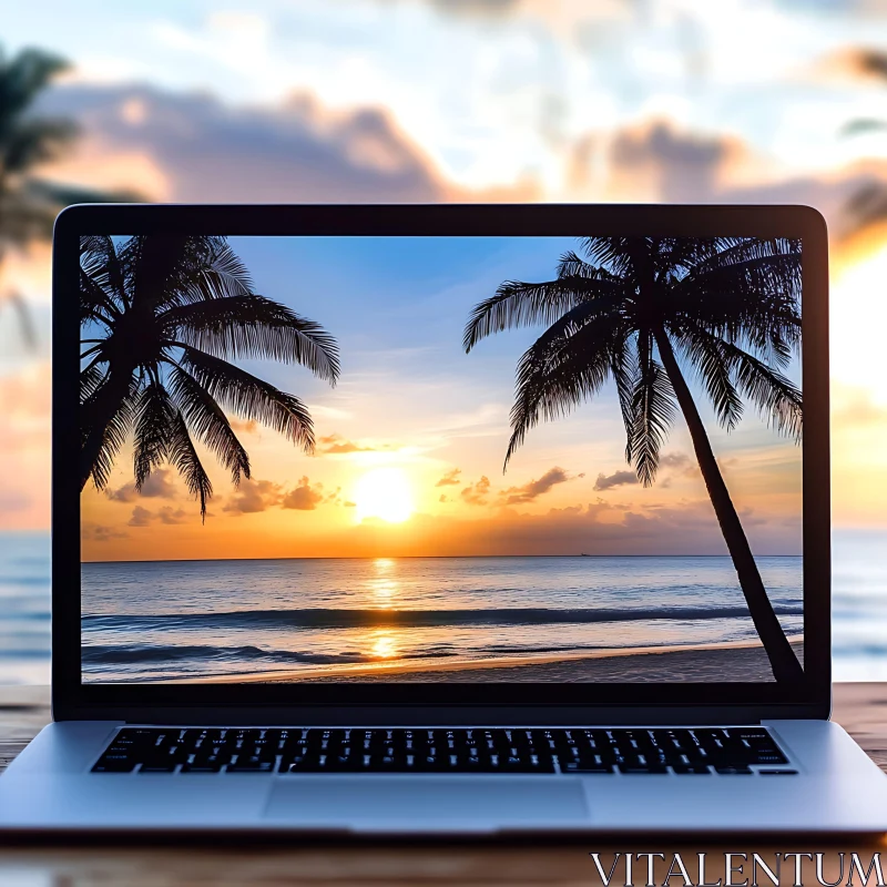 Serene Sunset on Laptop with Palm Trees and Ocean AI Image