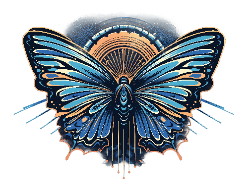 Digital Illustration of Blue and Orange Butterfly with Geometric Patterns POD Design