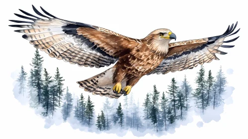 Eagle in Flight Over Foggy Pines