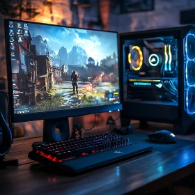 Gaming PC with RGB Lights and Medieval Game Display