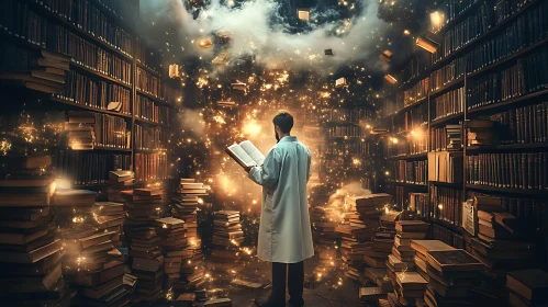 Man Reading in Magical Library