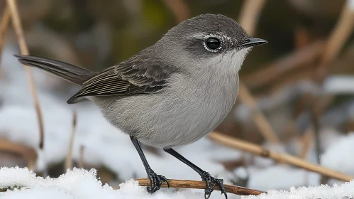 Grey Bird on Snow-Covered Branch