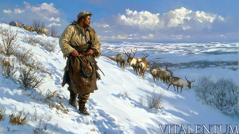 AI ART Man and Reindeer in Snowy Field