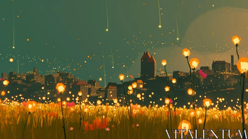 Enchanting Night Landscape of a Glowing Town and Starry Sky AI Image