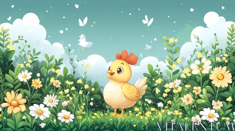 Happy Cartoon Hen in a Floral Paradise AI Image