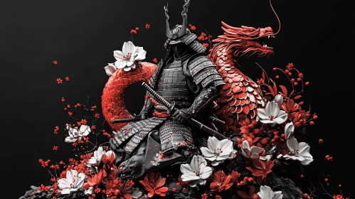 Warrior with Dragon and Floral Design