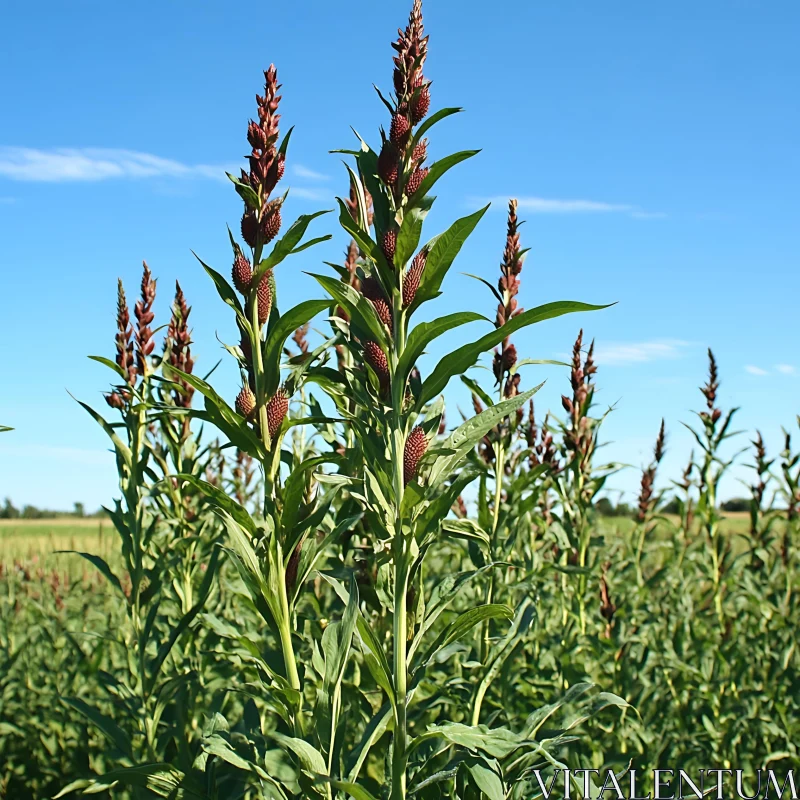 Lush Green Field with Reddish-Brown Seed Heads AI Image