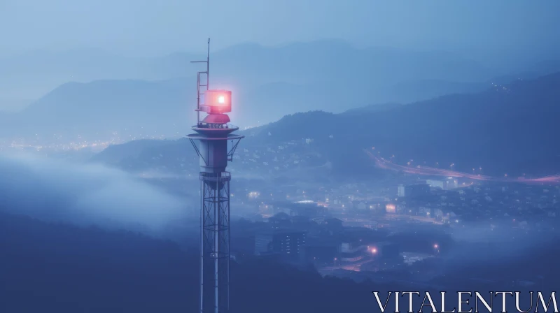 Mysterious Red Tower in the Fog Overlooking the Mountains AI Image