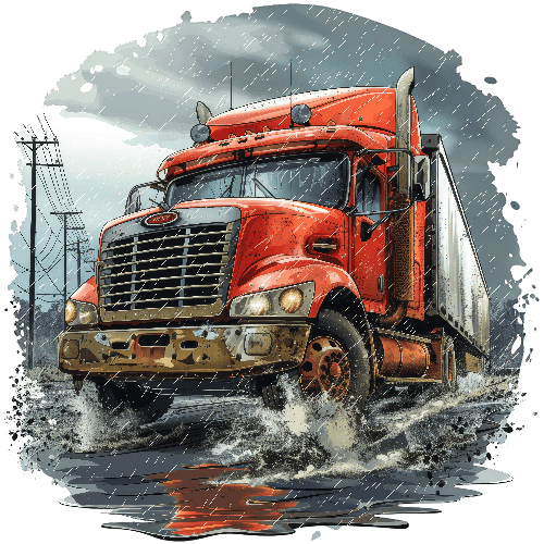 Red Semi Truck in Stormy Rain - Textured Digital Art