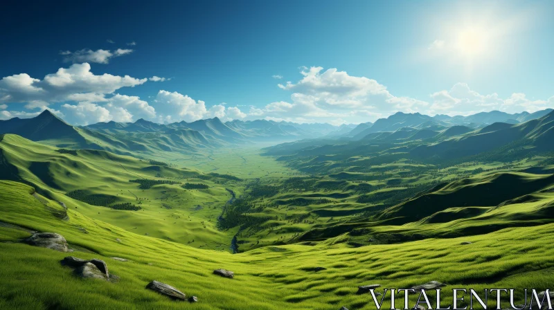 Serene Mountain Landscape in Green and Blue AI Image