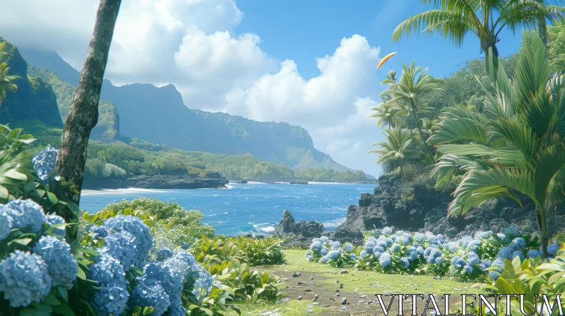 Serene Tropical Island Scene with Vibrant Blue Flowers AI Image