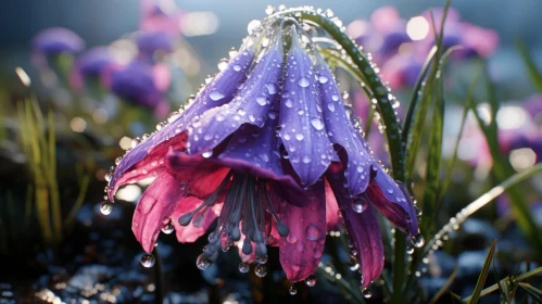 Sunlit Purple Flowers with Water Droplets - An Edwardian Beauty