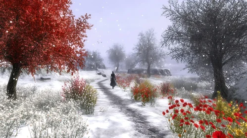 Snowy Path with Red Flowers