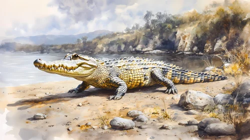 Crocodile Resting by River in Watercolor