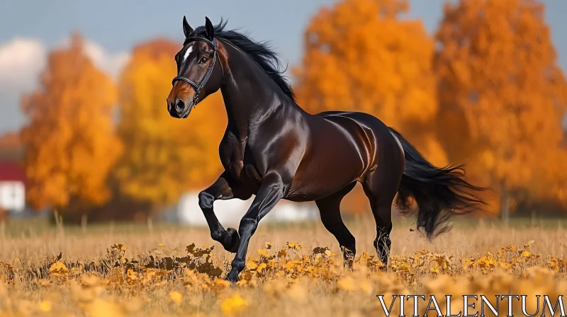 Black Horse Running in Fall Landscape AI Image