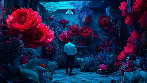 Dreamlike Botanical Interior with Red Blossoms