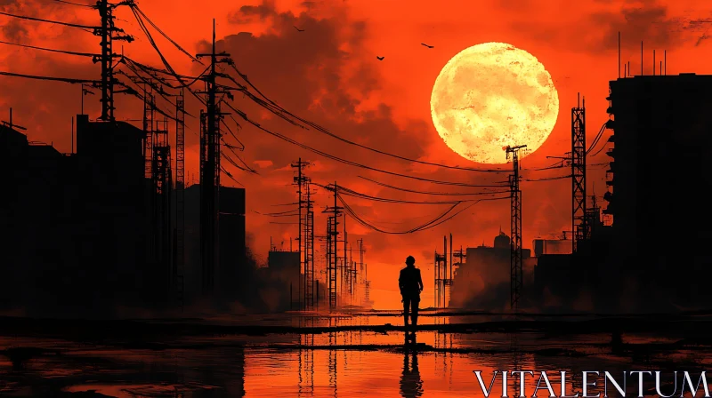 Sunset Silhouette in Ruined City AI Image