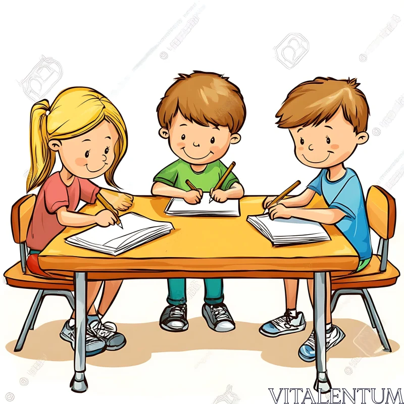 AI ART Kids Writing at Table Cartoon Art