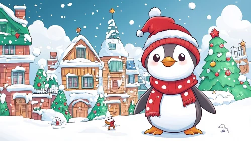 Cute Penguin in Snowy Village