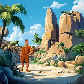 Cartoon Man in Jungle Landscape