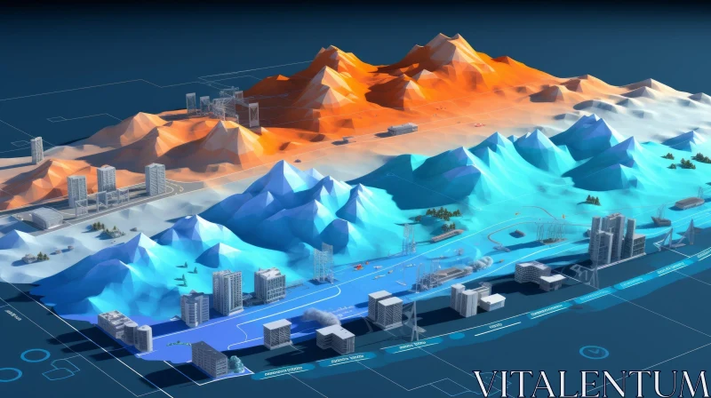 3D Technology Illustration: City and Mountains in Energy-Filled Style AI Image
