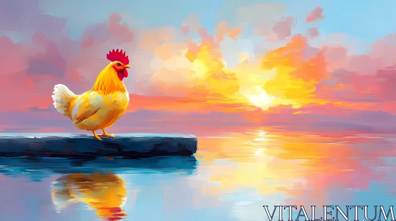 AI ART Colorful Rooster and Sunset Reflection