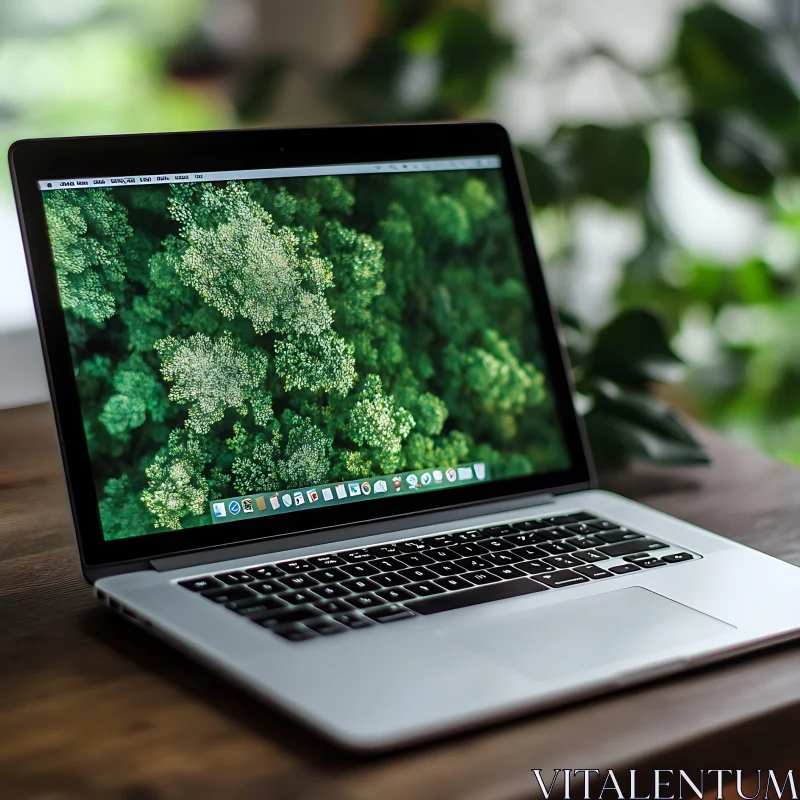 Laptop with Nature Wallpaper on Wooden Table AI Image