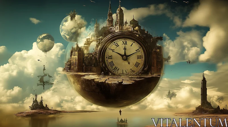 Dreamlike Clock City Floating Islands AI Image