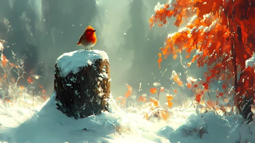 Winter Robin on Snowy Stump